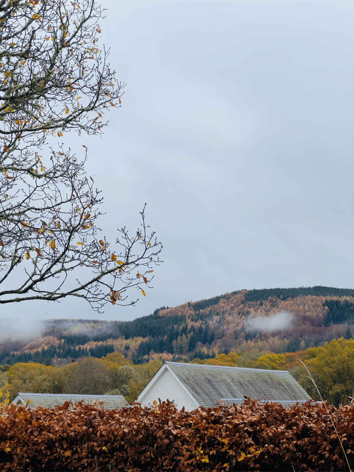Pitlochry Scotland during autumn November, with mist covering colorful forested hills and rooftops of stone cottages in the foreground.