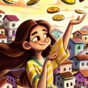 DALL·E 2023 02 10 01.07.47 digital art girl try to save money looking happy have background of different houses or apartments the background is beautifully drawn and is det