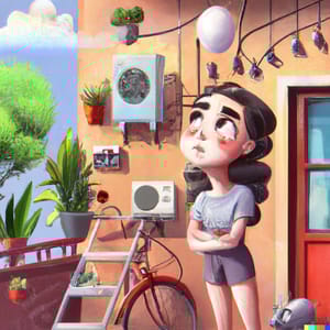 DALL·E 2023 02 10 01.29.32 digital art young and cute girl is in a house with full amenities air conditioner heating systems plants garden balcony and is considering diff