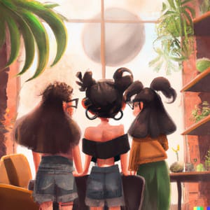 DALL·E 2023 02 10 02.15.12 digital art 3 cute girl roommates chatting with each other can only see the happy face of 1 2 people facing their back to the image detailed backg
