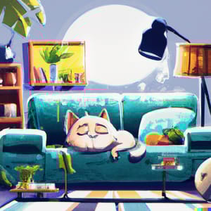 DALL·E 2023 02 10 02.26.30 digital art a chill and happy cat sleeping in the living room draw the facial expression of the cat detailed background in the living room with lo