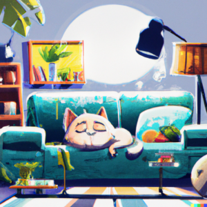 Một số nguyên tắc cần chú ý trước khi thuê nhà 6 DALL·E 2023 02 10 02.26.30 digital art a chill and happy cat sleeping in the living room draw the facial expression of the cat detailed background in the living room with lo
