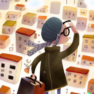 Một số nguyên tắc cần chú ý trước khi thuê nhà 2 DALL·E 2023 02 10 02.57.38 a person looking for an apartment about to move to a new city digital art Gemma Capdevila style cute